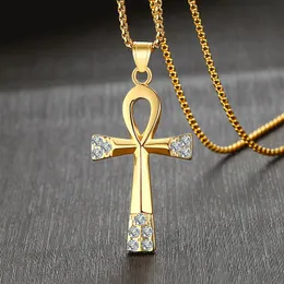 Rostfritt stål strasskristaller Anka Cross Pendant Egyptian Cross Necklace Rolo Chain 3mm 24 ''