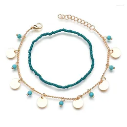 Anklets Multiple Women Bohemian Turquoises Sequines Ankle Bracelet Cheville Barefoot Sandals Pulseras Tobilleras Foot Jewelry Roya22