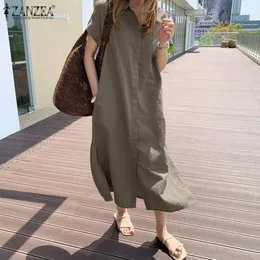 Vintage Solid Shirt Dress ZANZEA Women Summer Sundress Casual Short Sleeve Mid Calf Vestdos Lapel Button Robe Femme Oversized 7 220521