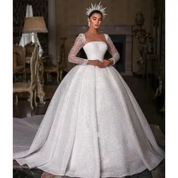 Abito da ballo sexy Abiti da sposa Appliques Bateau Maniche lunghe Senza spalline Paillettes Perline Increspature di pizzo Lunghezza del pavimento Abiti da sposa principessa lucidi Plus Size Custom Made