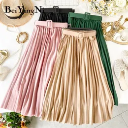 Beiyingni Korean Style Pleated Midi Skirt Women Casual Fashion High Elastic Waist Skirts Black Pink Elegant Skirt Belt Saias 210311