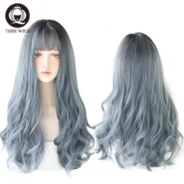 7JHH Blue Wavy Synthetic Wigs Long Omber Corche Hair с челкой для женщин с термостойким афроамериканцем Daily Wear Full WigFactory Direct