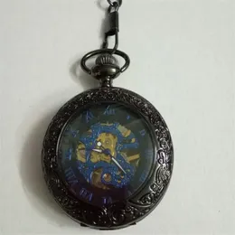 10pcs Retro Roman Mechanical Pocket Watch European and American antique large thick chain blue Watch 8943