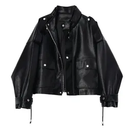 Lautaro Short oversized leather jacket women long sleeve Plus size loose black zip up jacket Womens clothing women fashion 201030