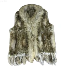 New Real ladies Genuine Knitted Rabbit Fur Vest With Raccoon Trimming Waistcoat Winter Jacket harppihop fur T220716