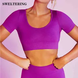 원활한 작물 탑 여성 체육관 의류 짧은 슬리브 스포츠 요가 셔츠 피트니스 스웨터 운동 T 셔츠 J220706