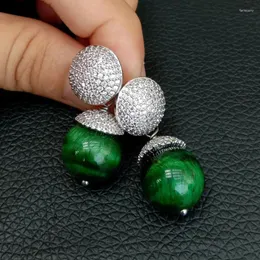 Stud 14mm Round Green Tiger Eye CZ Pave Earrings For Women Classic Simple Rhinestone Earring Wedding Luxury Party CrystalStud Farl22