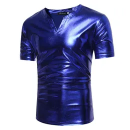 الكلاسيكية V الرقبة T Shirt Men Shiny Royal Royal Blue مغطى بالملالية ليلية مرحلة Tshirt Men Hip Hop Streetwear Camiseta Masculina XXL L220704