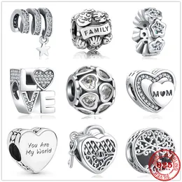 925 STERLING Gümüş Dangle Cazibesi Tam Kalp Clear Zirconia Aşk Aile Boncukları Boncuk Fit Pandora Charms Bilezik Diy Takı Aksesuarları