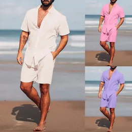 Menaiian يضع شاطئ الصيف القصيرة الأكمام قميص الياقات القصيرة شورت 2 قطعة من شارع الشارع الكتان من الكتان رجال مجموعة عارضة