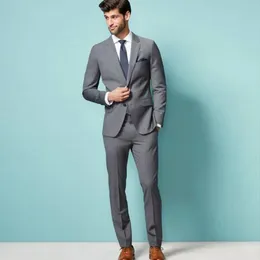 2022 Graue Herrenanzüge für Hochzeit Anzüge Mann Casual Anzug Bräutigam Smoking Blazer Revers Revers Kostüm Slim Fit Terno Masculino Cstume Mariage Maßgeschneiderte 2-teilige Kleidung