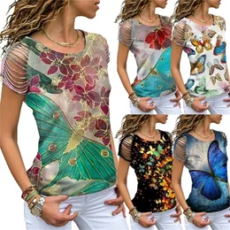Vintage Summer Women 3D Top a manica corta Allentato O-Collo Cut Out Spalla Elegante Fashion T Shirt Camisetas Mujer 220510