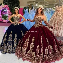 New Burgundy corset Quinceanera Dresses with Removeable Long Sleeves Velvet Applique Sweet 16 Dress Undefined vestidos de 15 anos