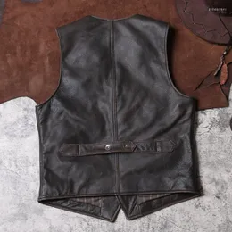 Mäns västar vintage 2022 Brown American Style Casual Leather Vest Men Plus Size 4XL äkta Cowhide Spring Slim Fit Short Coat Phin22