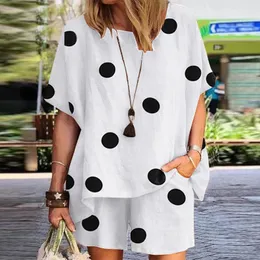 Summer Women Matching Sets O-Neck Half Sleeve Polka Dots Printed Blouse Fashion Casual Holiday Elastic Pant Tracksuits