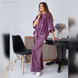 Hiloc Velvet Nightwear Drop Sleeve Pijamas para mulheres Conjuntos de calças de pernas largas sólidas