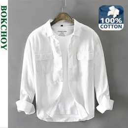 Autumn Winter Men Mens White Long Sleeve Shirt Pure Cotton Retro Style Button Up Pocket White Workwear GAZ102 220726