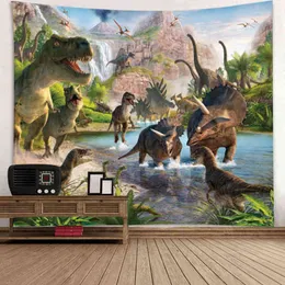 Tapestry dinosaurie väggmatta djur tropiska växter dinosaurier skog berg