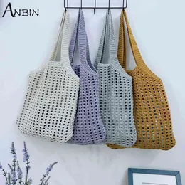 Women's Shoulder Bag Knitted Hollow Patchwork Large Capacity Female Fashion Summer Beach Shopping Bag Designer Handbags Tote G220531