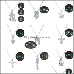 Pendant Necklaces Pendants Jewelry 3 Colors/Styles Glow In The Dark For Women Hollow Mermaid Owl Gun Skl Key Dragon Pine Cage Locket Chain