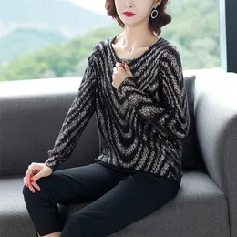 YISU Women Striped print sweater Autumn Winter New Knitted Pullover Long Sleeve O neck Casual jumper Loose Sweater Women LJ201113