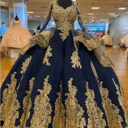 Principessa blu navy abiti quinceanera maniche lunghe applique oro perline dolce 16 abito abiti da spettacolo abiti da 15