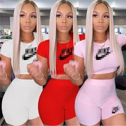 Summer Womens Clothing Sportswear 2 Piece Set Designer Tracksuits Sexy Crop Top Print Outfits Casual T Shirt Shorts Jogger Sport Suit Fashion O-neck K225