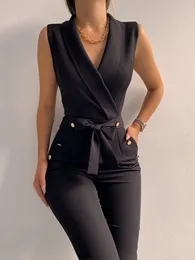 Seksowne czarne biuro Jesksuit Lady Elegancki kieszeń metalowy bluzka BodyCon Playsuit Casual Rleeveless koronkowy romper kombinezon 220505