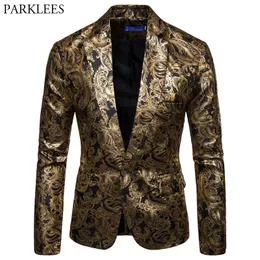 Mens Gold Paisley Bronzing Steampunk Blazer Jacket DJ Nightclub Prom Stage Suit Blazer Men Slim Fit One Button Blazer Masculino 201104