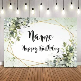 Customize Name Backdrop Green Leaves Happy Birthday Party Decoration Gold Glitter Dot DIY Personalize Baby Shower Decor 220614