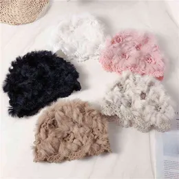 Autumn Winter Handmade Crochet Hollow Flower Women Rabbit Fur Hat Winter Rabbit Fur Hats Striped Top Warm Real Fur Knitted Caps J220722