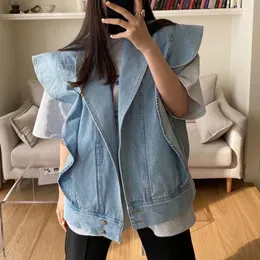 Women's Vests Harajuku Ruffles Oversize Denim Jacket Blue Sleeveless Large Size Vest Tops Chic Streetwear Jeans Coat Single Breasted Stra22