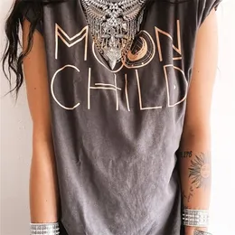 Summer Side Slit Loose Plus Size Women T Shirt Moon Child Print Dropshoulder Vintage T Shirt Female Short Sleeve Tops 220530