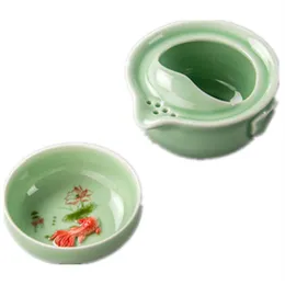 Seramik Taşınabilir Çay Seti Altın Balık Seyahat 1 Pot 1 Sub Tea Tureen Porcelai2278