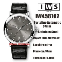IWSF Top Quality Watches 37mm rostfritt stål Miyota 9015 Automatisk kvinnoklocka 458102 Grå urtavla läderband damer armbandsur