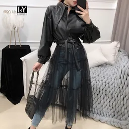 Ly Varey Lin Spring Women Faux Soft Leather Jackets Black Long Mesh Gauze Patchwork Pu Leather Jacket Outerwear With Belt 201030