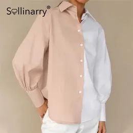 Sollinarry Autumn Color Block Casual Women Blus Solid Cotton Lapel Collar Office Lady Shirt Full Lantern Sleeves Female Top 210709