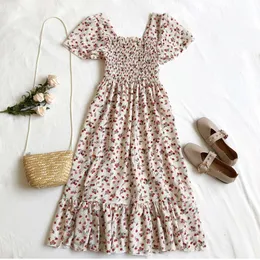 Çiçek elbise boho puflu kol kare boyun elbisesi kadınlar vintage yaz plaj elbiseleri Kore kawaii fırfır kıyafetleri vestidos
