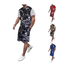 New Camouflage Splicing Tracksuits For Men Fitness Training T shirt And Sports Drawstring Shorts Running 2 Piece Sets 2293