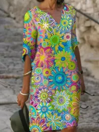 2024SS Sukienki Casual Eleganckie kobiety sukienka Summer Vintage Print V-Neck półkolnik A-Line Sundress 2022 Modna kobieta luźne vestidos