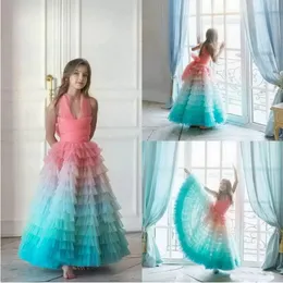 Flickas klänningar färgglada blommaflickor tyll tiered kjolar en linje flickor pageant klänning skräddarsydd halter söta barn formell klänning