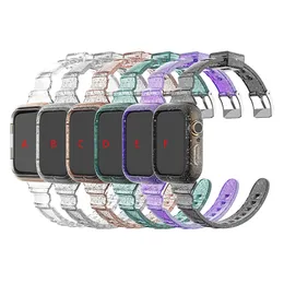 Siamese Glitter Watch Strap Case för Apple Watch Series 7 6 5 4 SE 3 Sport Transparent Armband Clear Watchband Iwatch 41mm 45mm 44mm 42mm 40mm 38mm bandtillbehör