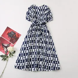 2022 Fall Autumn 1/2 Half Sleeve Round Neck Blue Contrast Color Polka Dot Belted Mid-Calf Dress Elegant Casual Dresses 22G032346 Plus Size XXL