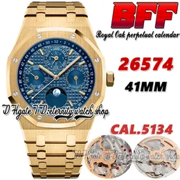 BFF BF26574 Сложная функция Cal.5134 BF5134 Автоматические мужские часы 41 -мм лунный фаза синий текстурированный циферблат Маркеры золото из нержавеющей браслеты Eternity Watches