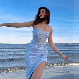 Parti Elbiseleri Yaz plaj gökyüzü mavi kılıf balo elbisesi spagetti askısız yüksek yarık seksi kulüp gece önlükleri gören sırtsız girlparty