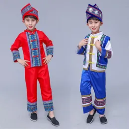 Stage Wear Kids Chinese Ancient Hmong Miao Costume Boys Print Folk Hanfu Dress Clothing Set Traditional Festival Performance WearStage