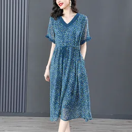 8606# YM Neue Sommer Frauen Casual Kleider V-ausschnitt Kurzarm Druck Gürtel Schnürung Damen Lose Chiffon Kleid Blau M-XXXL