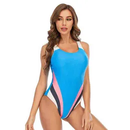 2022 nuovo costume da bagno intero, costume da bagno sportivo color block da donna, conservatore, sottile e che copre la pancia