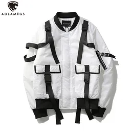 Aolamegs Men Jacket Solid Ribbon Bomber Jacket Windbreaker Outwear Youth Harajuku Pockets Style Loose Jackets Zipper Coat 201116