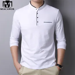 MiaCawor Spring Men Koszula polo 95% Bawełna Solid Color Collar Mandarin Collar Z Długim Rękawem Polo Mężczyźni Slim Fit Polo Homme T805 220408